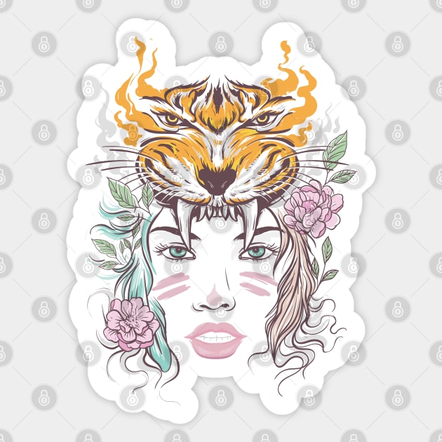 beautiful lady face with tiger head and flowers Sticker by Skidipap